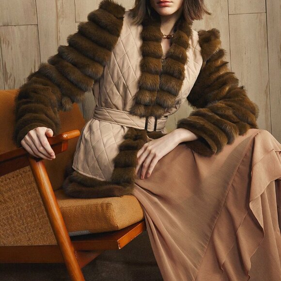 Jackets & Blazers - Khaki Casual Women's Quilted Fluffy Coat with Fake Fur